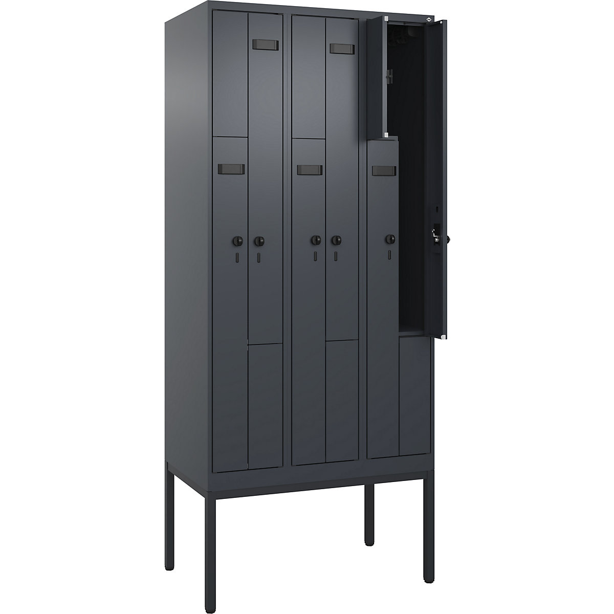 Armadietto a Z Evolo PLUS, 3 scomparti, grigio, largh. 900 mm, 6 vani, con piedini stretti, serratura girevole di sicurezza-0