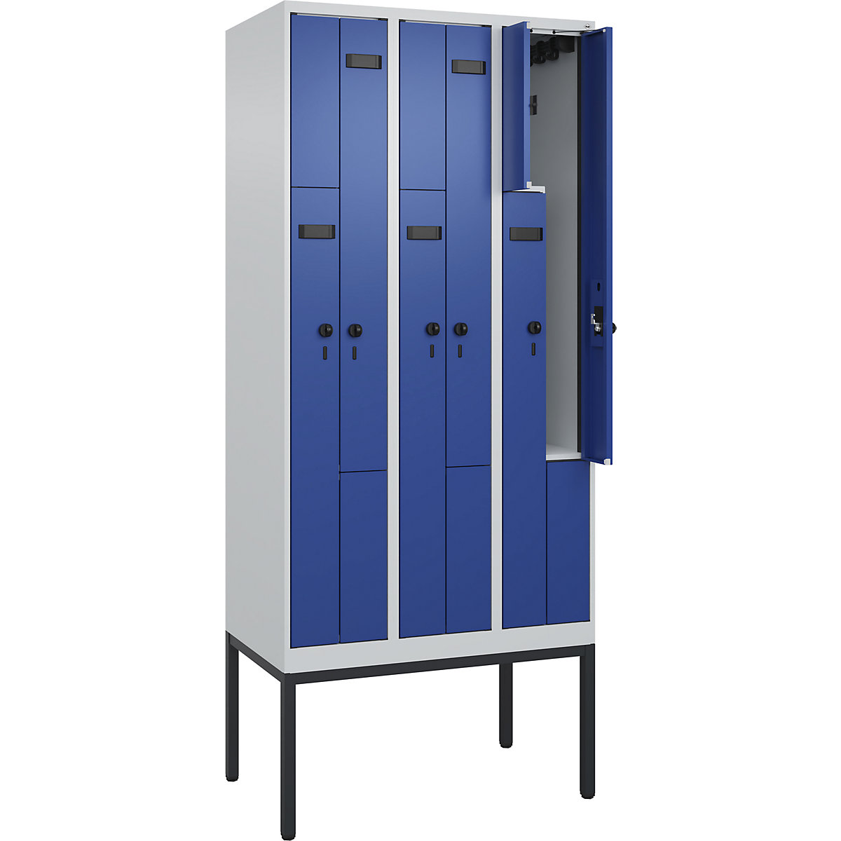 Armadietto a Z Evolo PLUS, 3 scomparti, grigio chiaro / blu genziana, largh. 900 mm, 6 vani, con piedini stretti, serratura girevole di sicurezza-0