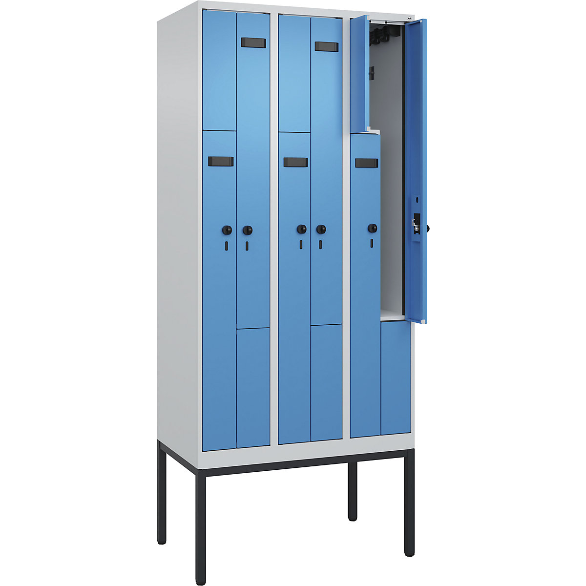 Armadietto a Z Evolo PLUS, 3 scomparti, grigio chiaro / blu chiaro, largh. 900 mm, 6 vani, con piedini stretti, serratura girevole di sicurezza-0