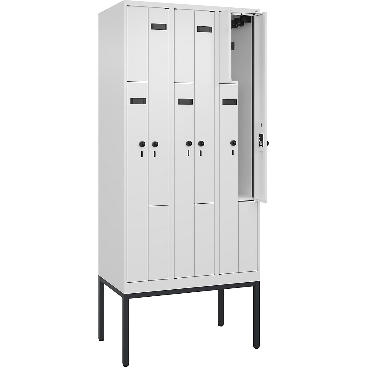 Armadietto a Z Evolo PLUS, 3 scomparti, bianco, largh. 900 mm, 6 vani, con piedini stretti, serratura girevole di sicurezza-0