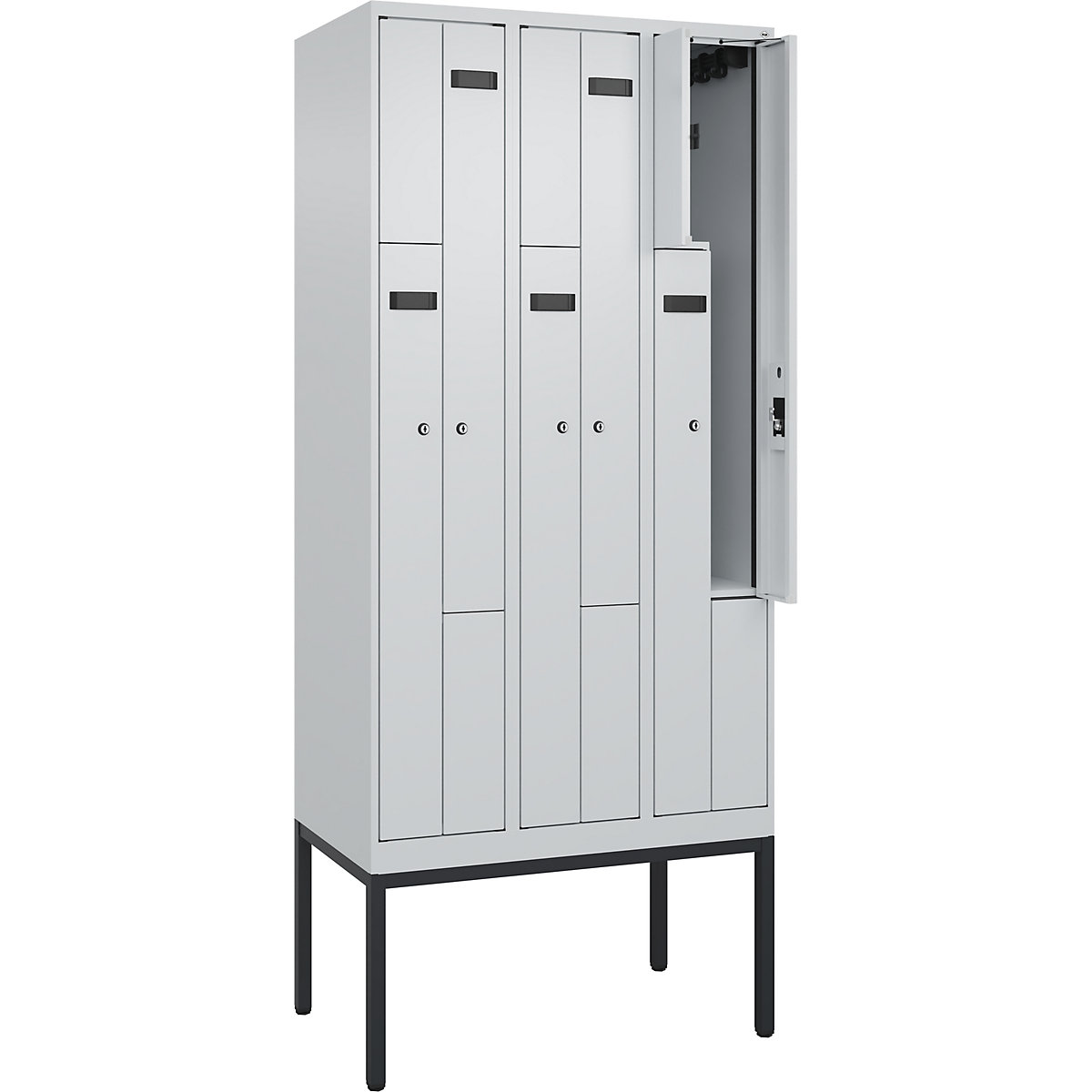 Armadietto a Z Evolo PLUS, 3 scomparti, grigio chiaro, largh. 900 mm, 6 vani, con piedini stretti, serratura a cilindro-0