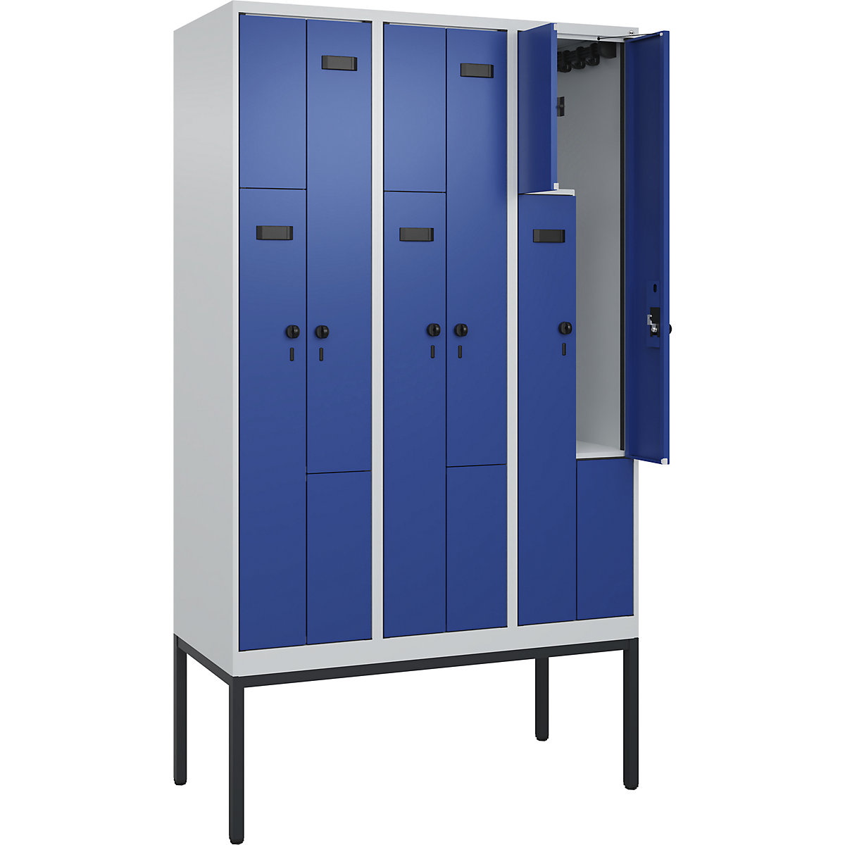 Armadietto a Z Evolo PLUS, 3 scomparti, grigio chiaro / blu genziana, largh. 1200 mm, 6 vani, con piedini stretti, serratura girevole di sicurezza-0