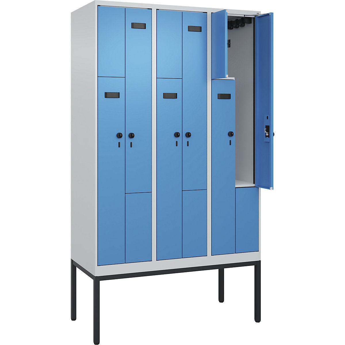 Armadietto a Z Evolo PLUS, 3 scomparti, grigio chiaro / blu chiaro, largh. 1200 mm, 6 vani, con piedini stretti, serratura girevole di sicurezza-0