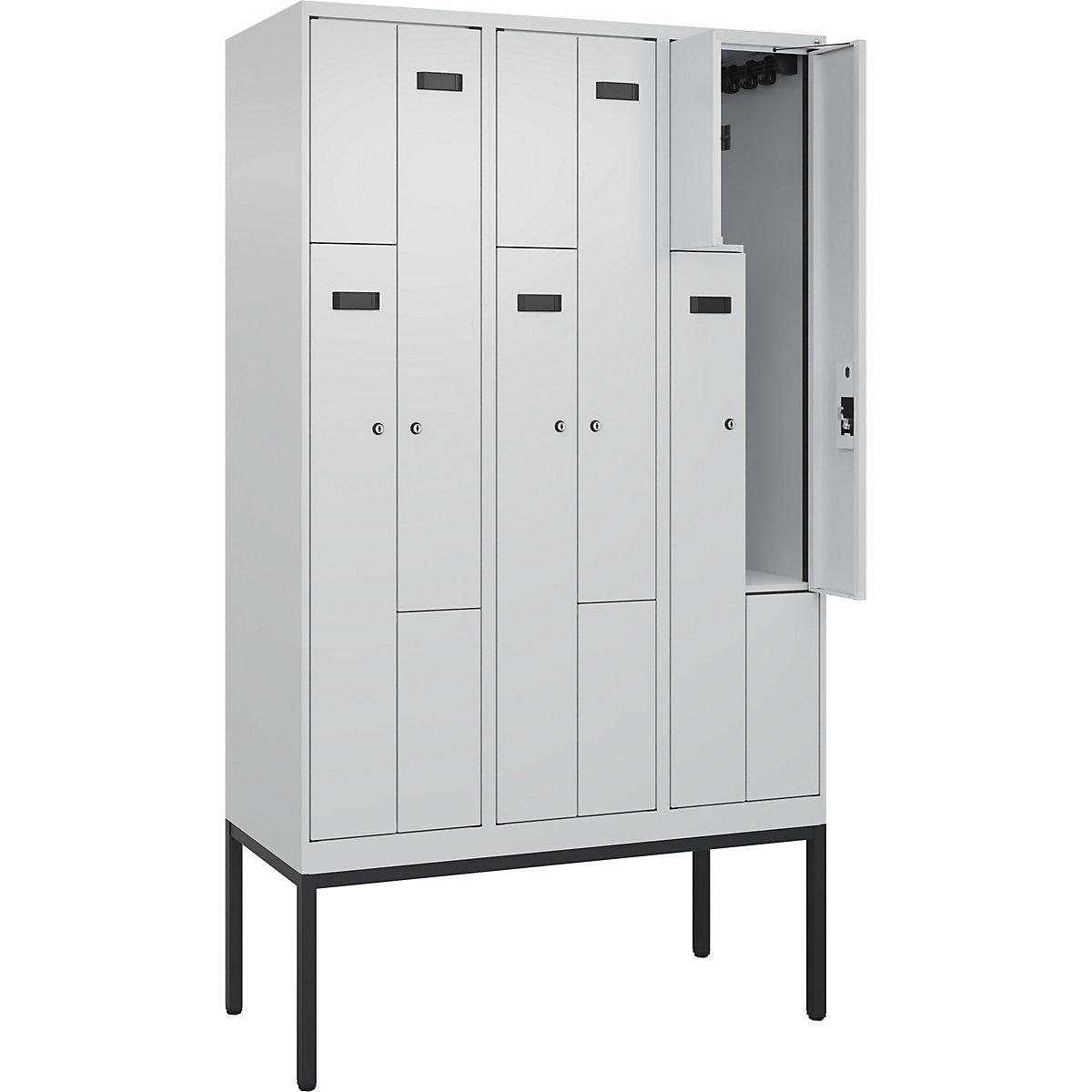 Armadietto a Z Evolo PLUS, 3 scomparti, grigio chiaro, largh. 1200 mm, 6 vani, con piedini stretti, serratura a cilindro-0