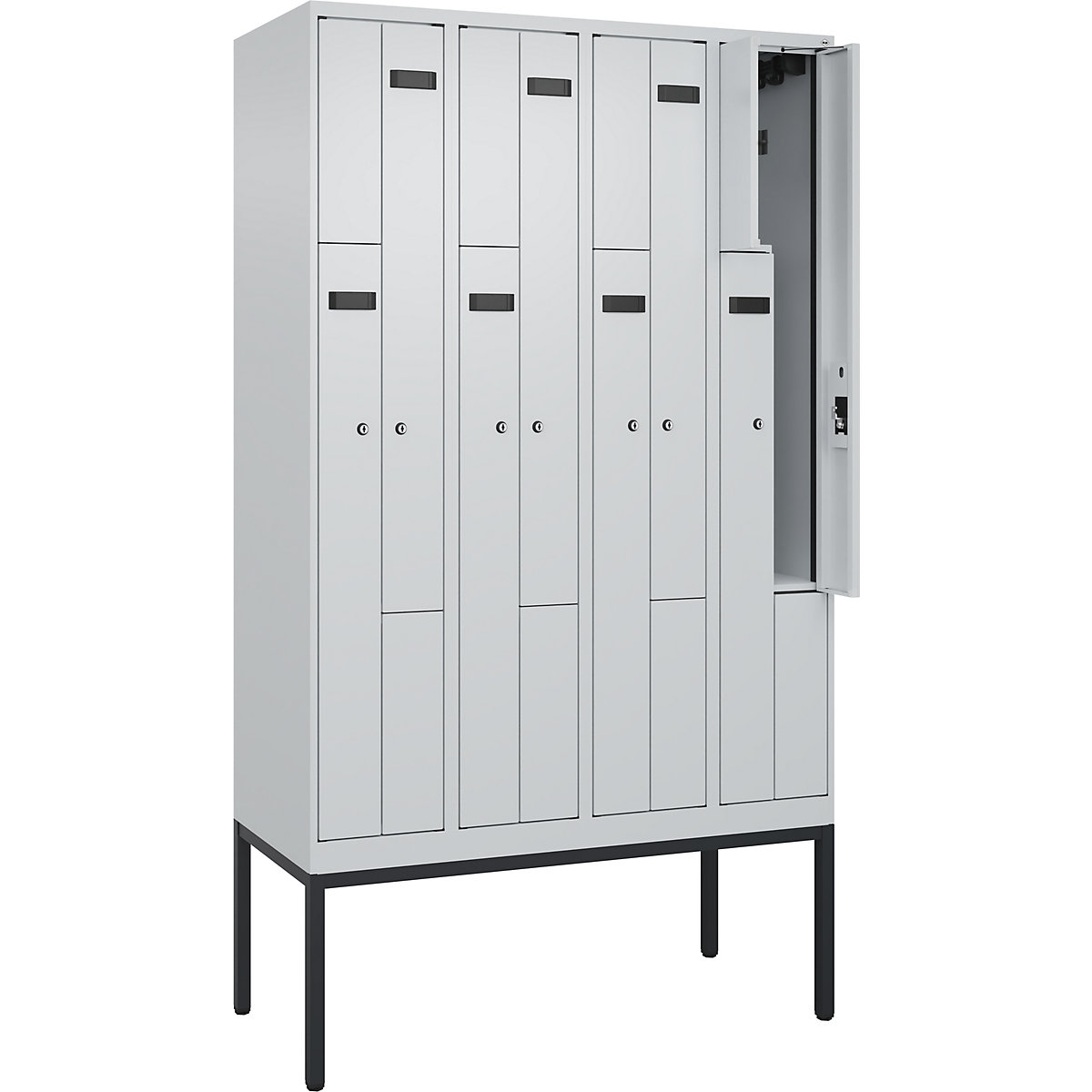 Armadietto a Z Evolo PLUS, 4 scomparti, grigio chiaro, largh. 1200 mm, 8 vani, con piedini stretti, serratura a cilindro-0