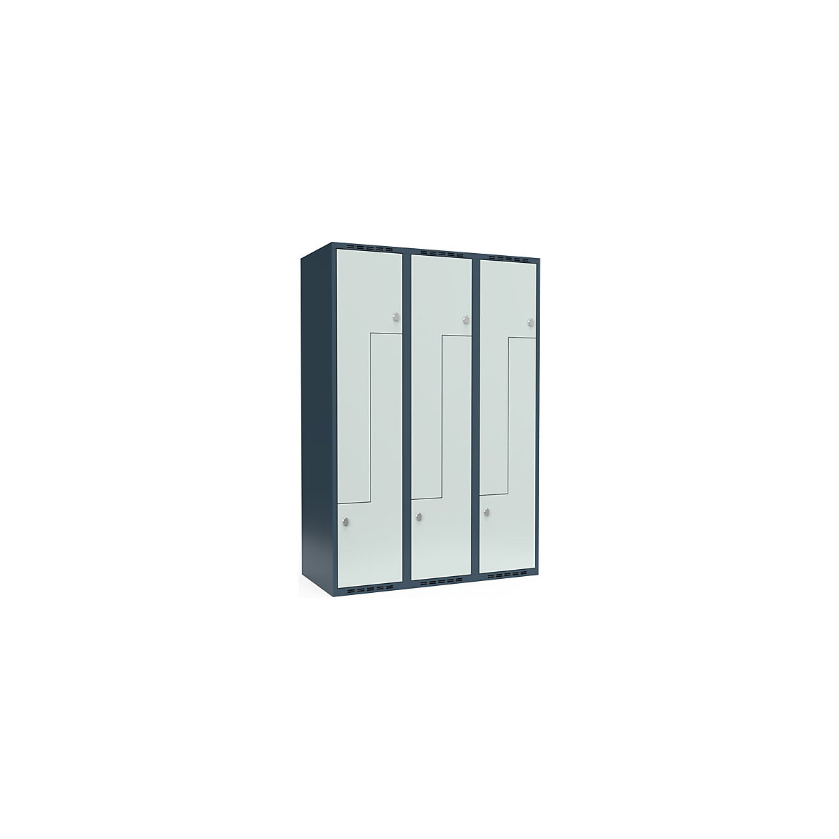 Armadietto a Z Fydor, 3 scomparti, grigio-azzurro / grigio chiaro, largh. 1200 mm, 3 scomparti, tetto piatto, lucchetto-0