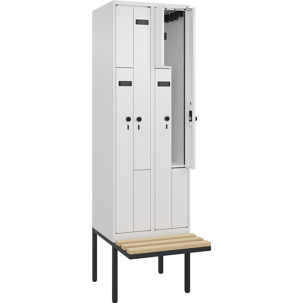 Armadietto a Z con panca Evolo PLUS, 2 scomparti, bianco, largh. 600 mm, serratura girevole di sicurezza, con panca sporgente, faggio-0