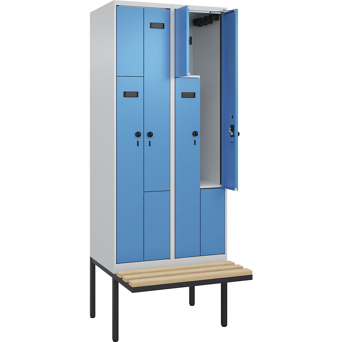 Armadietto a Z con panca Evolo PLUS, 2 scomparti, grigio chiaro / blu chiaro, largh. 800 mm, serratura girevole di sicurezza, con panca sporgente, faggio-0