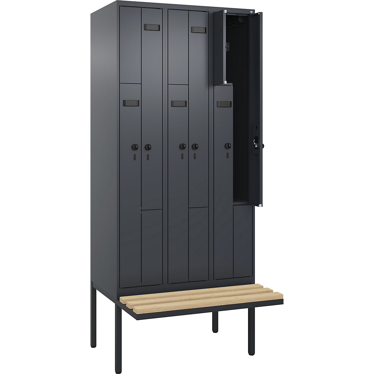 Armadietto a Z con panca Evolo PLUS, 3 scomparti, grigio, largh. 900 mm, serratura girevole di sicurezza, con panca sporgente, faggio-0