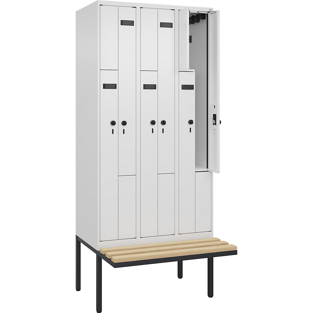 Armadietto a Z con panca Evolo PLUS, 3 scomparti, bianco, largh. 900 mm, serratura girevole di sicurezza, con panca sporgente, faggio-0