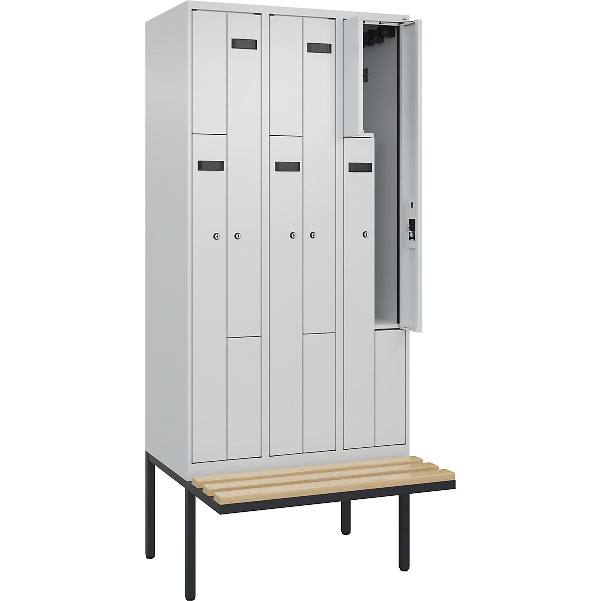 Armadietto a Z con panca Evolo PLUS, 3 scomparti, grigio chiaro / grigio chiaro, largh. 900 mm, serratura a cilindro, con panca sporgente, faggio-0