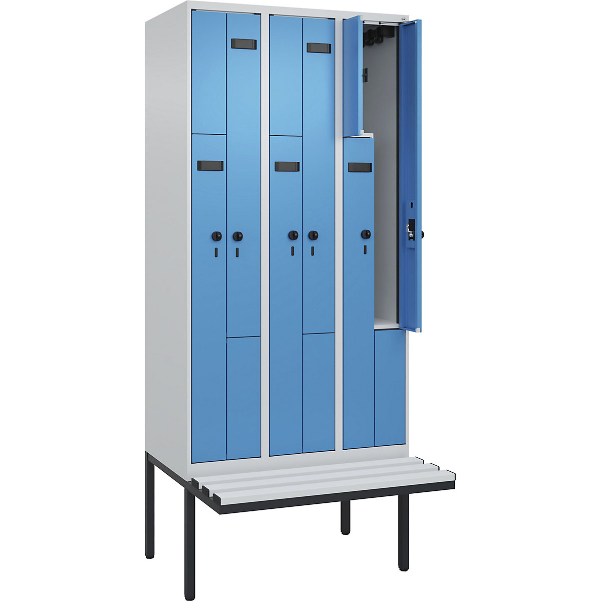 Armadietto a Z con panca Evolo PLUS, 3 scomparti, grigio chiaro / blu chiaro, largh. 900 mm, serratura girevole di sicurezza, con panca sporgente, plastica-0
