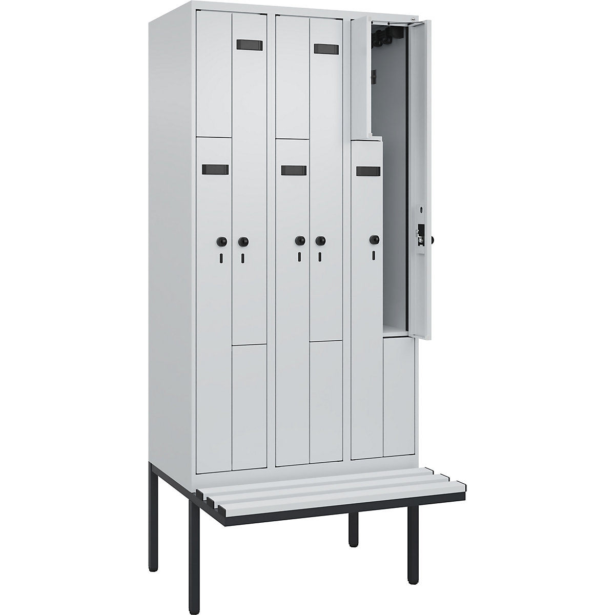 Armadietto a Z con panca Evolo PLUS, 3 scomparti, grigio chiaro / grigio chiaro, largh. 900 mm, serratura girevole di sicurezza, con panca sporgente, plastica-0