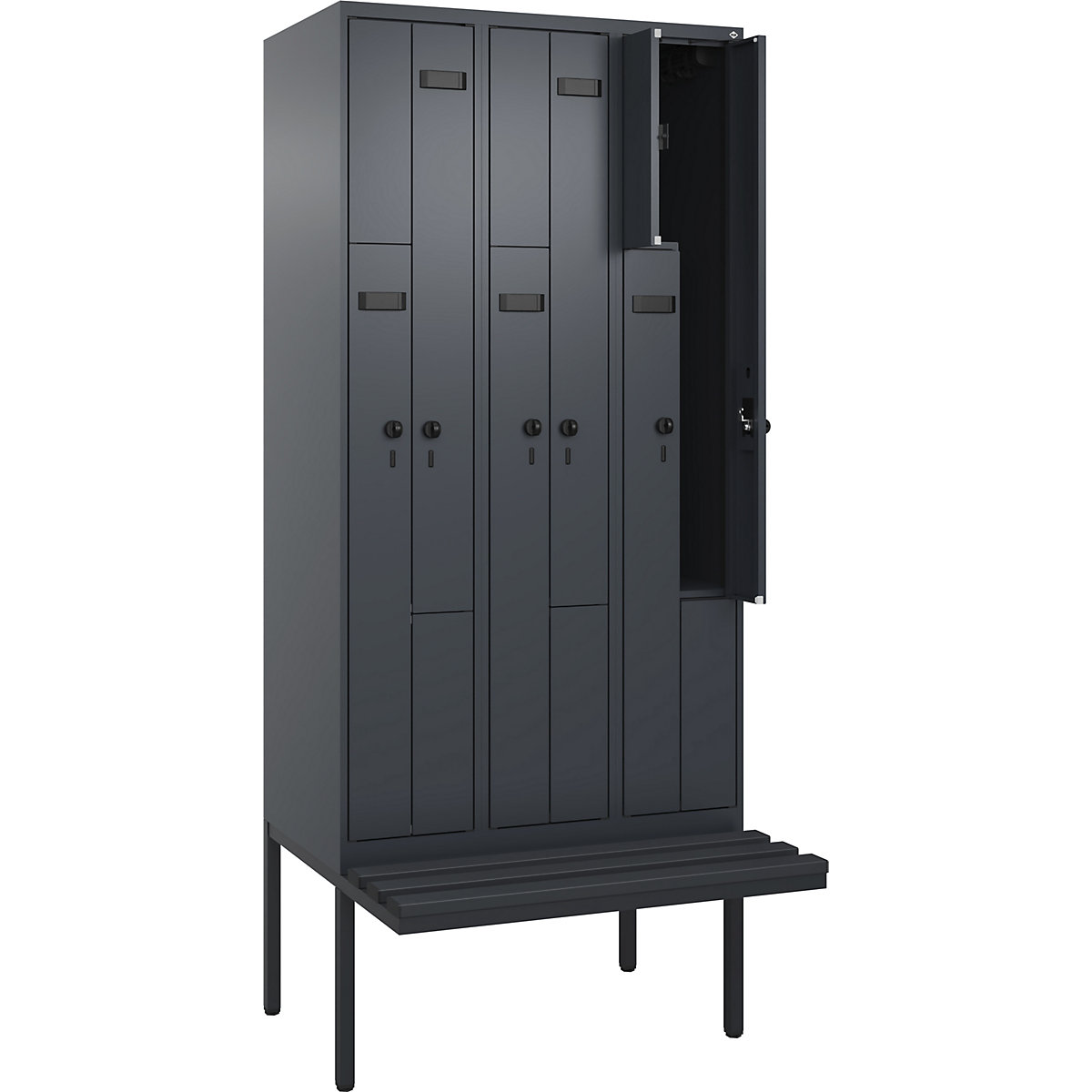 Armadietto a Z con panca Evolo PLUS, 3 scomparti, grigio, largh. 900 mm, serratura girevole di sicurezza, con panca sporgente, plastica-0