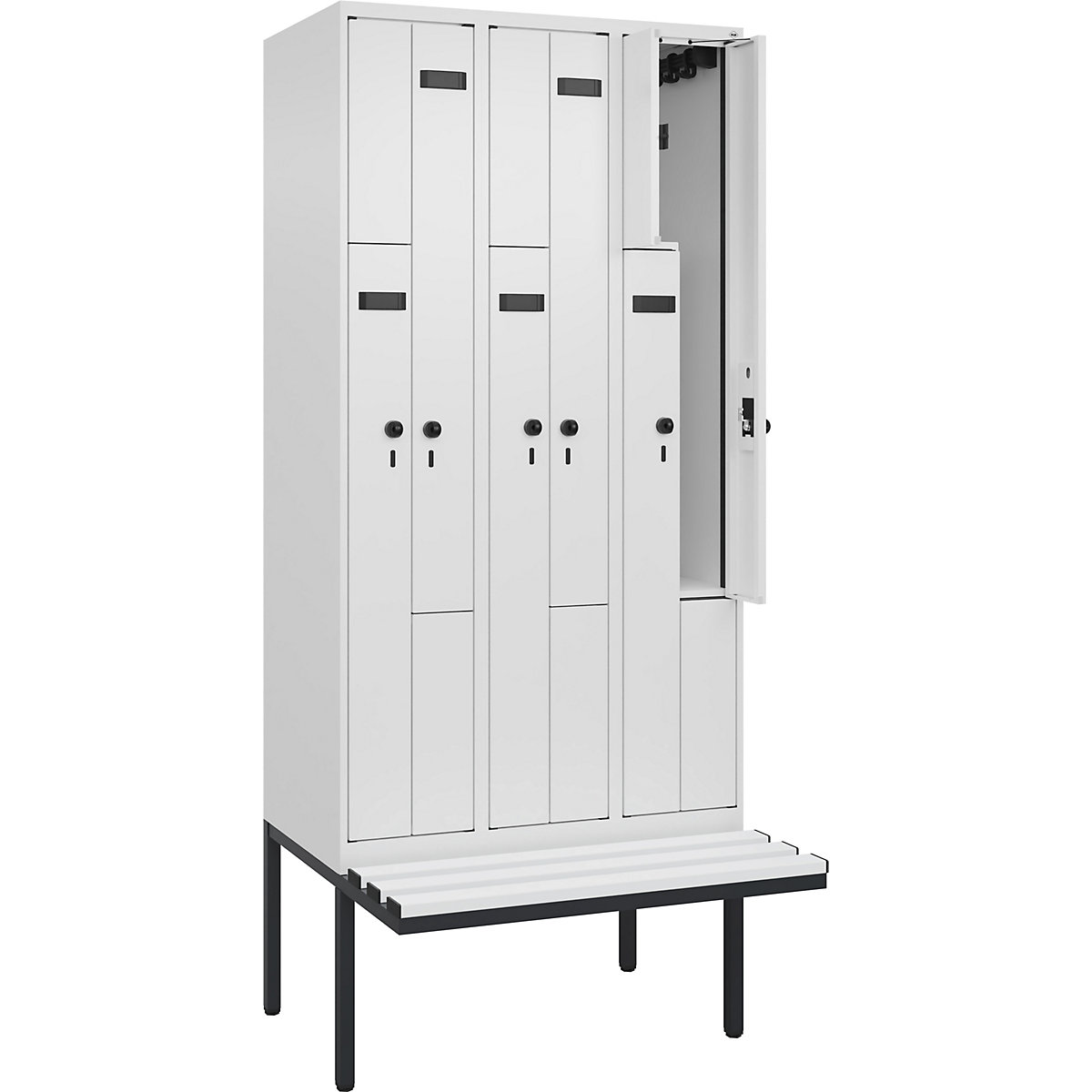 Armadietto a Z con panca Evolo PLUS, 3 scomparti, bianco, largh. 900 mm, serratura girevole di sicurezza, con panca sporgente, plastica-0
