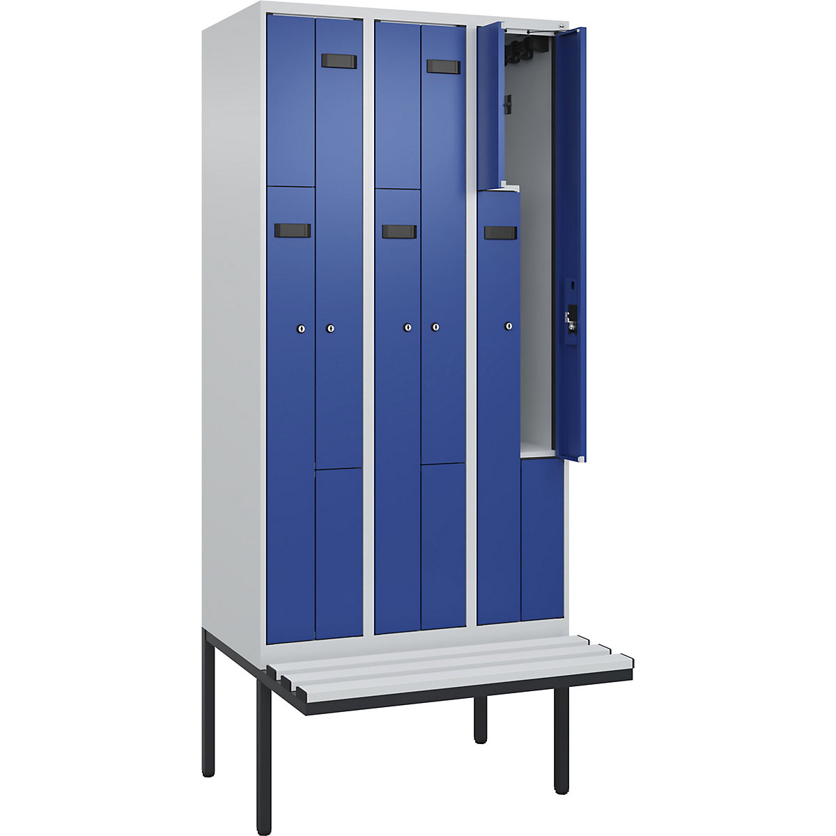 Armadietto a Z con panca Evolo PLUS, 3 scomparti, grigio chiaro / blu genziana, largh. 900 mm, serratura a cilindro, con panca sporgente, plastica-0