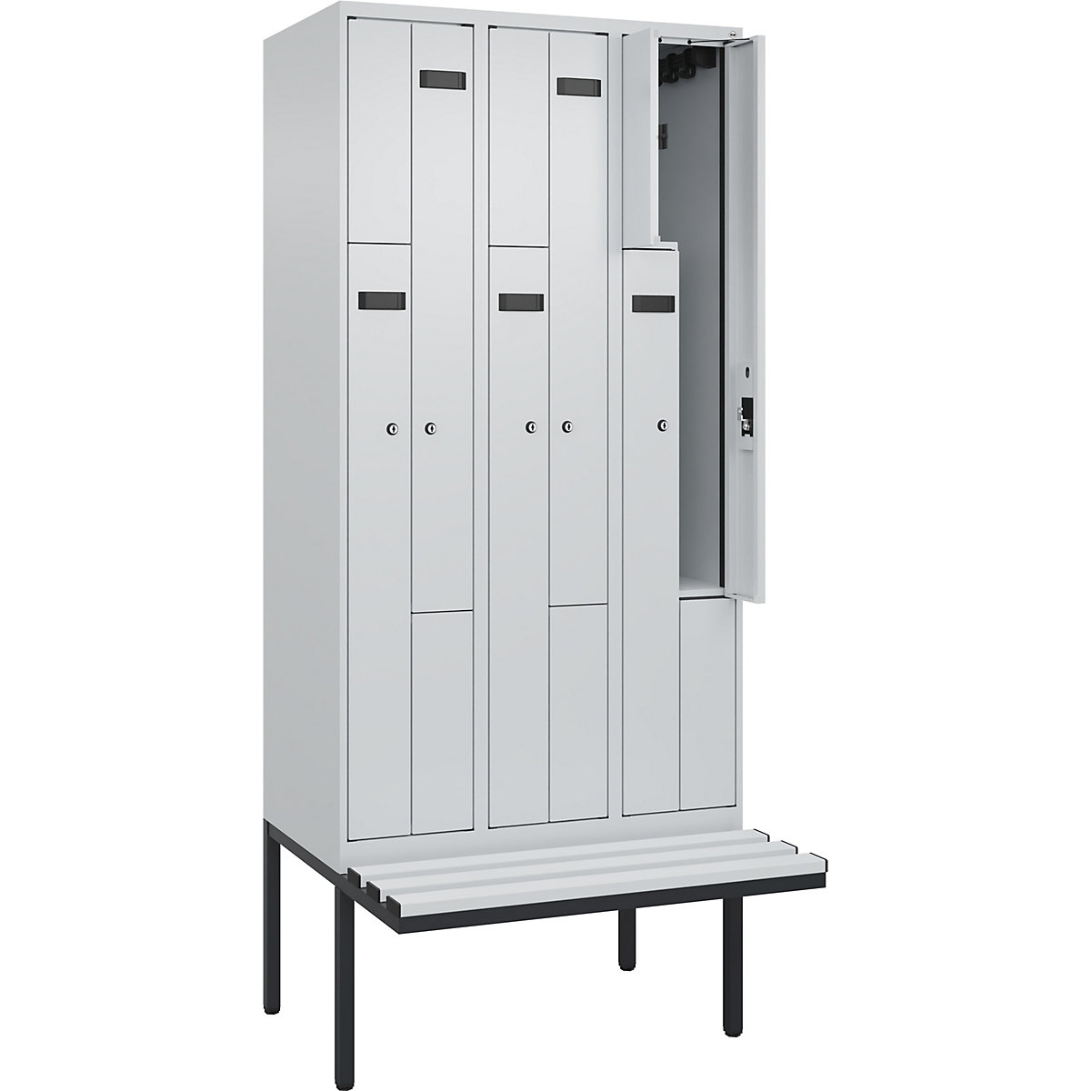 Armadietto a Z con panca Evolo PLUS, 3 scomparti, grigio chiaro / grigio chiaro, largh. 900 mm, serratura a cilindro, con panca sporgente, plastica-0