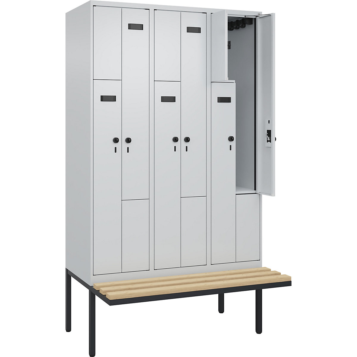Armadietto a Z con panca Evolo PLUS, 3 scomparti, grigio chiaro / grigio chiaro, largh. 1200 mm, serratura girevole di sicurezza, con panca sporgente, faggio-0