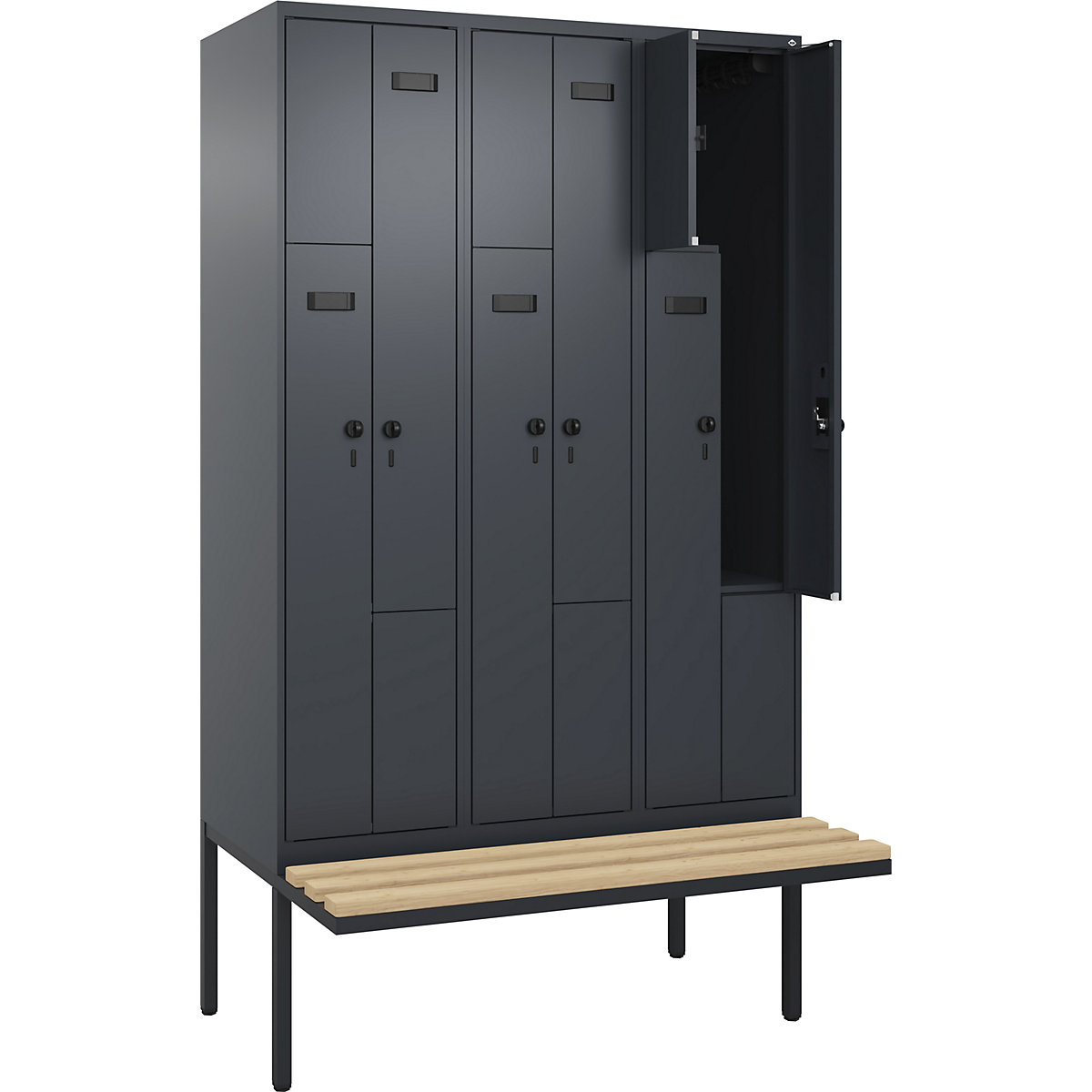 Armadietto a Z con panca Evolo PLUS, 3 scomparti, grigio, largh. 1200 mm, serratura girevole di sicurezza, con panca sporgente, faggio-0