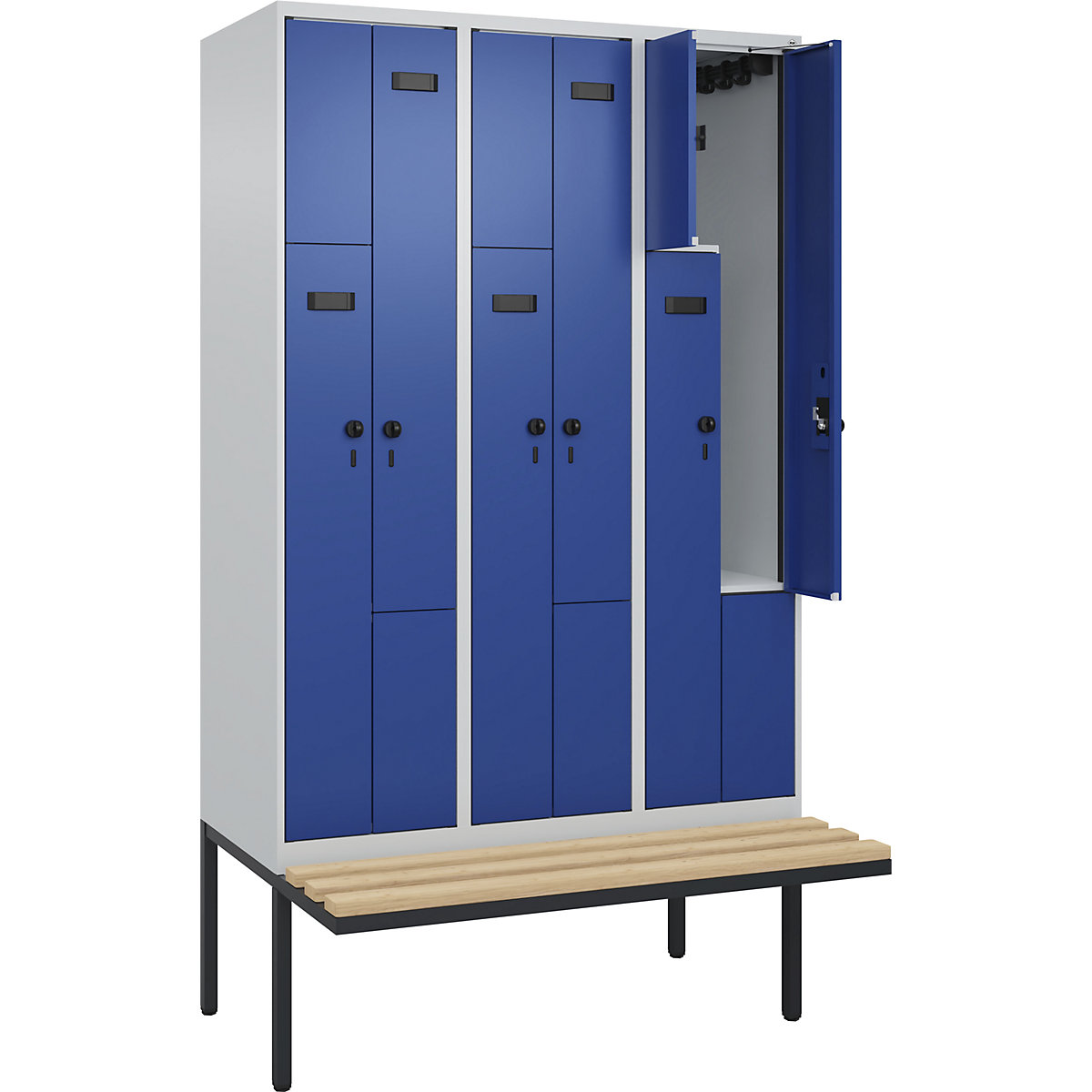 Armadietto a Z con panca Evolo PLUS, 3 scomparti, grigio chiaro / blu genziana, largh. 1200 mm, serratura girevole di sicurezza, con panca sporgente, faggio-0