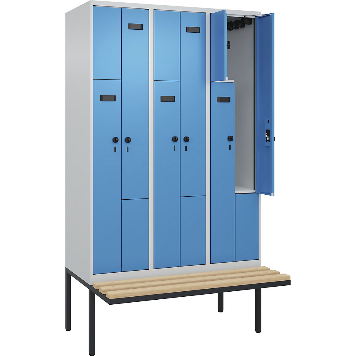Armadietto a Z con panca Evolo PLUS, 3 scomparti, grigio chiaro / blu chiaro, largh. 1200 mm, serratura girevole di sicurezza, con panca sporgente, faggio-0
