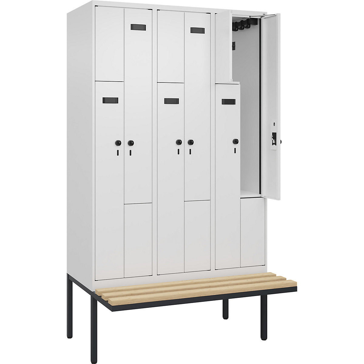 Armadietto a Z con panca Evolo PLUS, 3 scomparti, bianco, largh. 1200 mm, serratura girevole di sicurezza, con panca sporgente, faggio-0