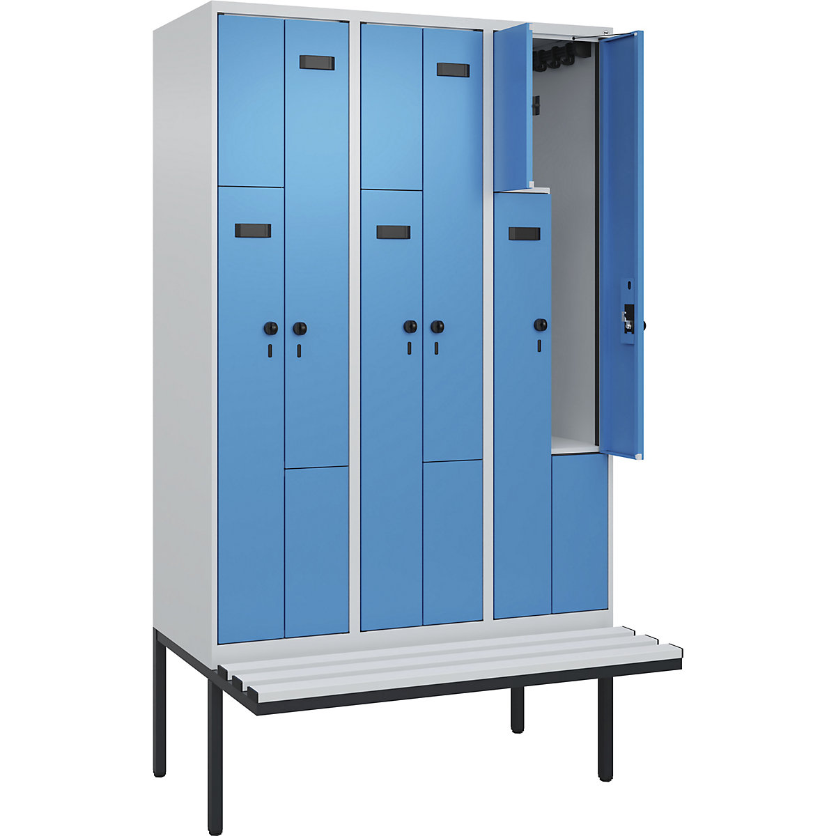 Armadietto a Z con panca Evolo PLUS, 3 scomparti, grigio chiaro / blu chiaro, largh. 1200 mm, serratura girevole di sicurezza, con panca sporgente, plastica-0