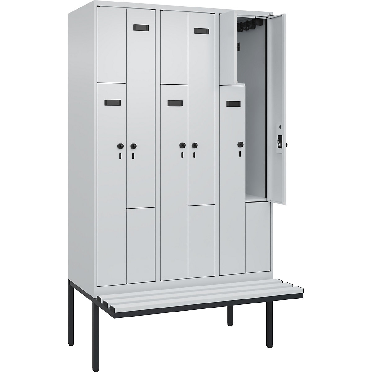 Armadietto a Z con panca Evolo PLUS, 3 scomparti, grigio chiaro / grigio chiaro, largh. 1200 mm, serratura girevole di sicurezza, con panca sporgente, plastica-0