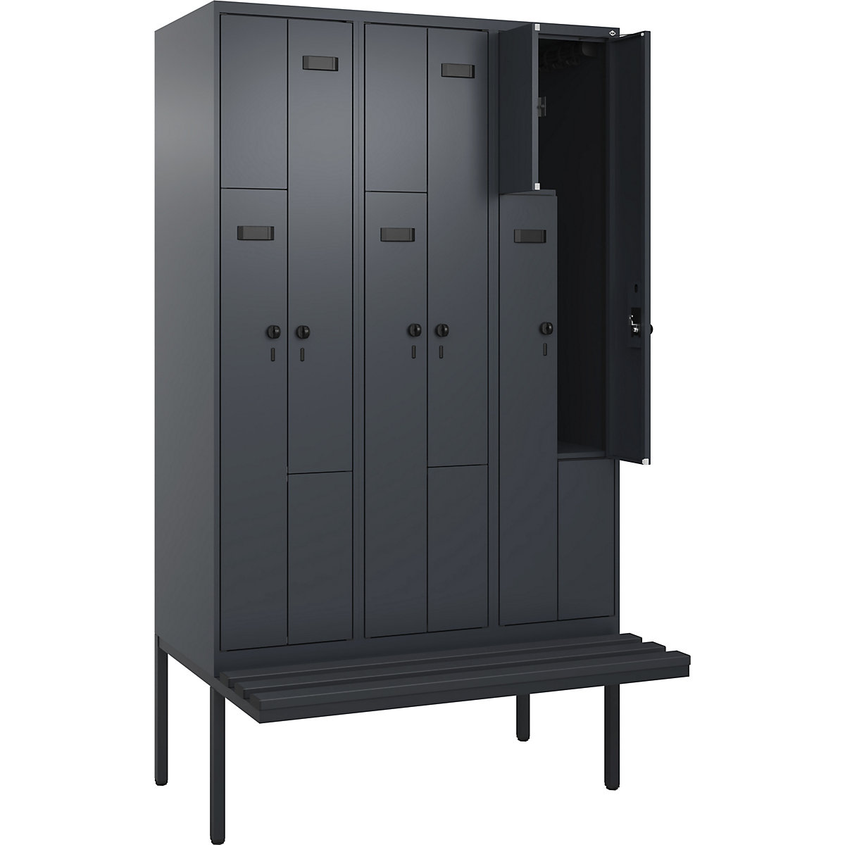 Armadietto a Z con panca Evolo PLUS, 3 scomparti, grigio, largh. 1200 mm, serratura girevole di sicurezza, con panca sporgente, plastica-0