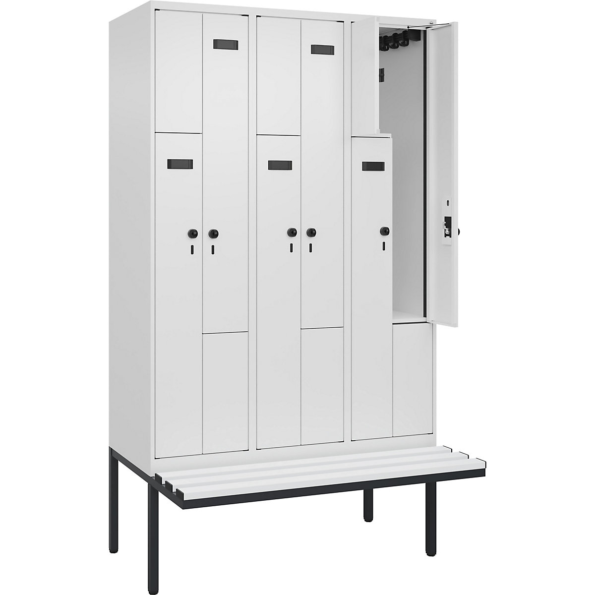 Armadietto a Z con panca Evolo PLUS, 3 scomparti, bianco, largh. 1200 mm, serratura girevole di sicurezza, con panca sporgente, plastica-0