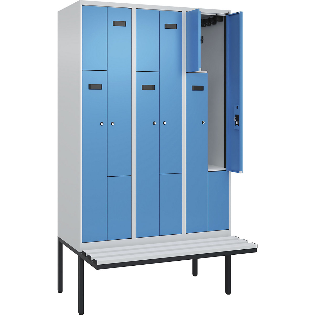 Armadietto a Z con panca Evolo PLUS, 3 scomparti, grigio chiaro / blu chiaro, largh. 1200 mm, serratura a cilindro, con panca sporgente, plastica-0