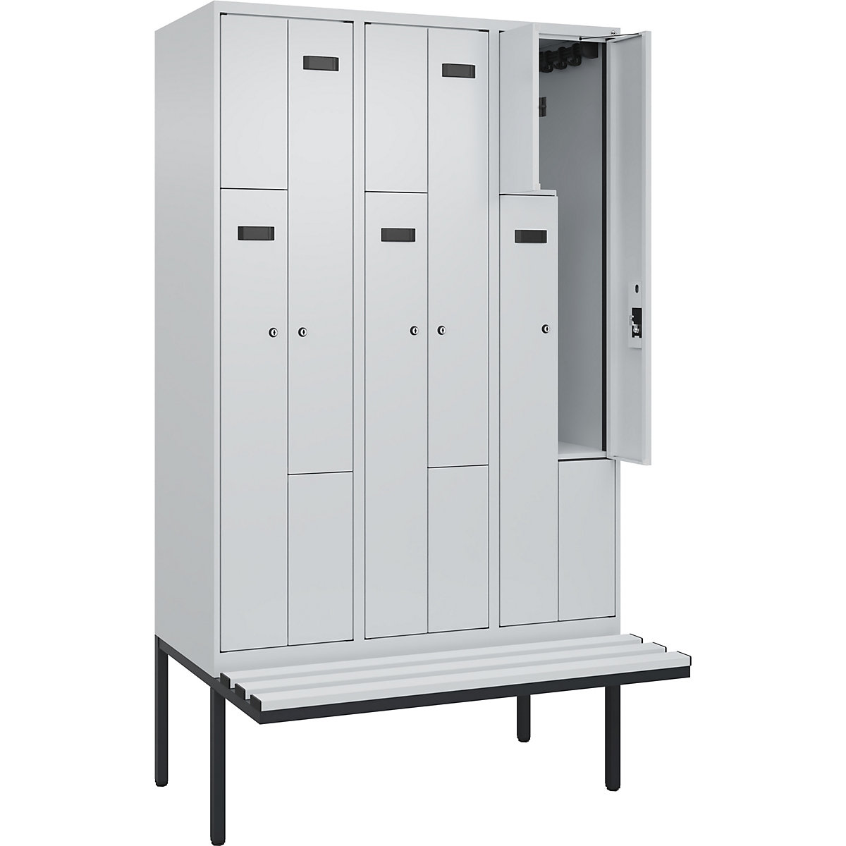 Armadietto a Z con panca Evolo PLUS, 3 scomparti, grigio chiaro / grigio chiaro, largh. 1200 mm, serratura a cilindro, con panca sporgente, plastica-0