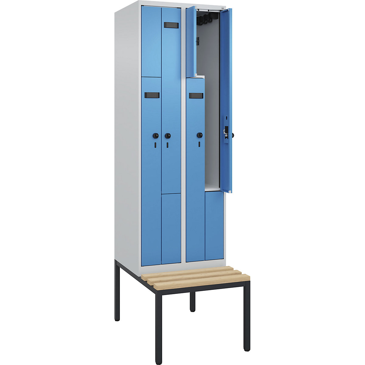Armadietto a Z con panca Evolo PLUS, 2 scomparti, grigio chiaro / blu chiaro, largh. 600 mm, serratura girevole di sicurezza, con panca integrata, faggio-0