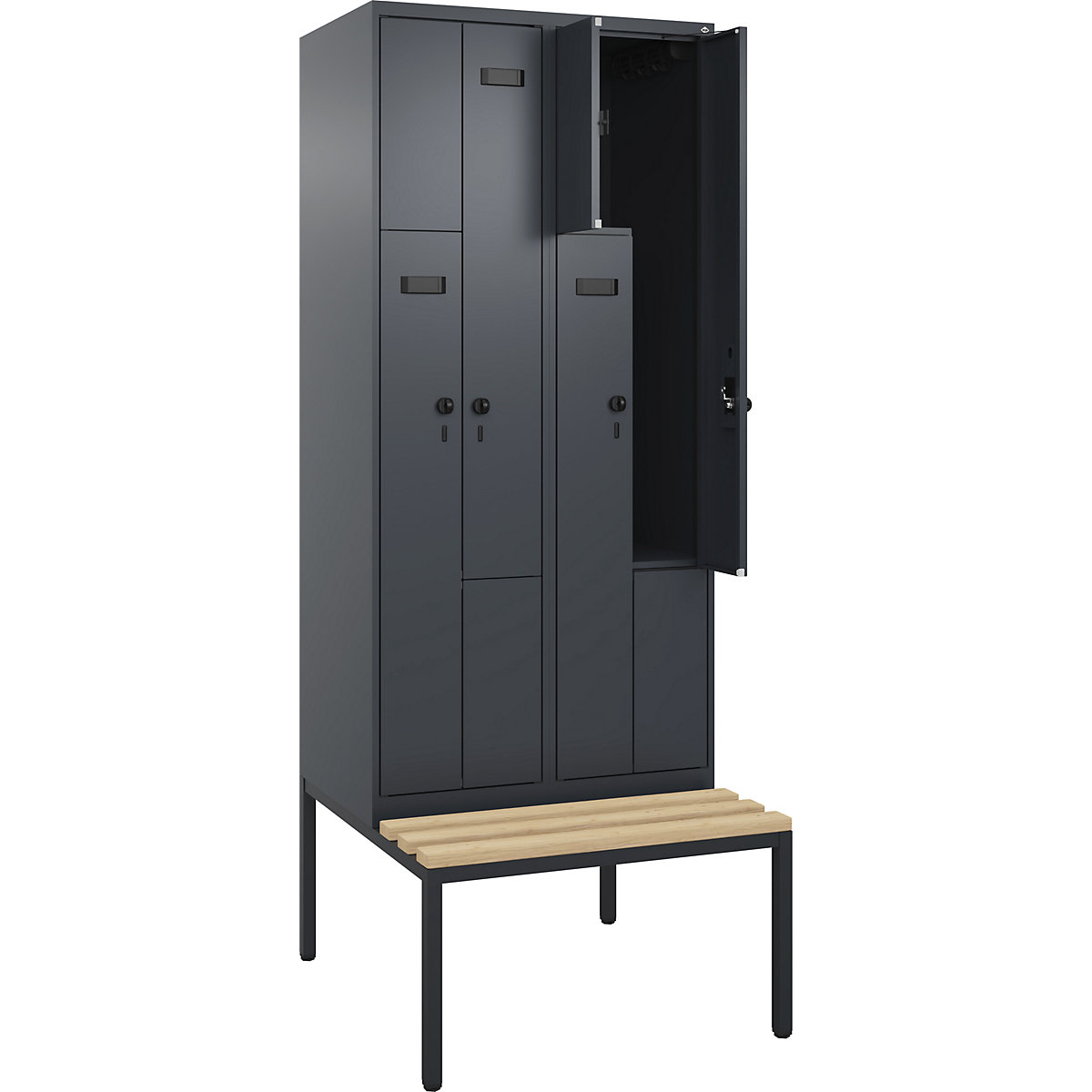 Armadietto a Z con panca Evolo PLUS, 2 scomparti, grigio, largh. 800 mm, serratura girevole di sicurezza, con panca integrata, faggio-0