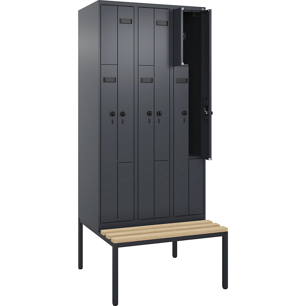 Armadietto a Z con panca Evolo PLUS, 3 scomparti, grigio, largh. 900 mm, serratura girevole di sicurezza, con panca integrata, faggio-0