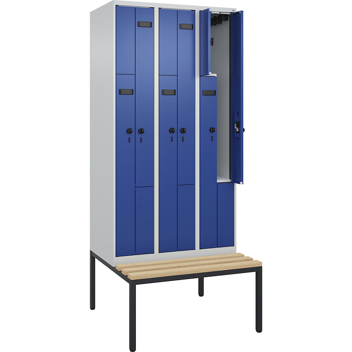 Armadietto a Z con panca Evolo PLUS, 3 scomparti, grigio chiaro / blu genziana, largh. 900 mm, serratura girevole di sicurezza, con panca integrata, faggio-0