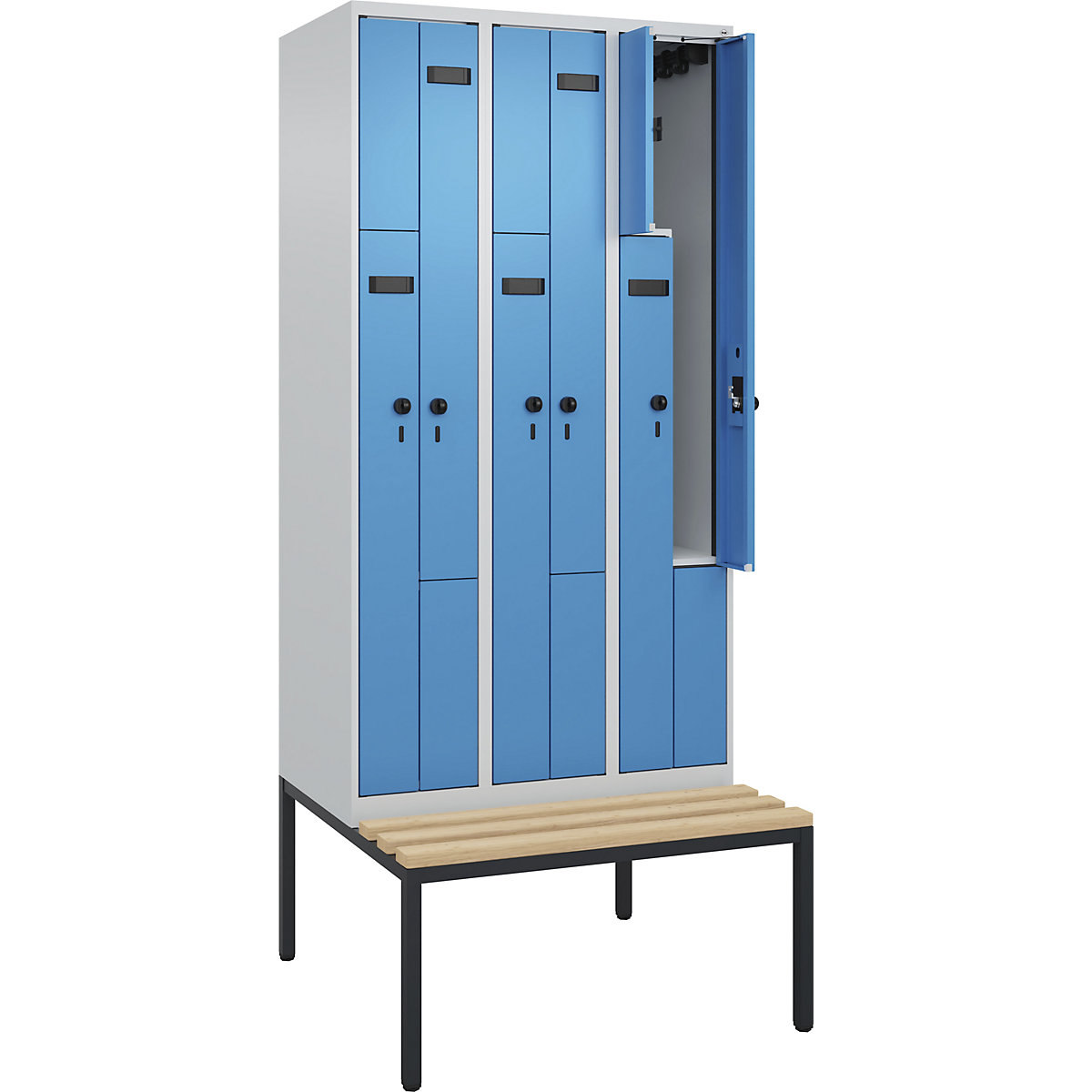 Armadietto a Z con panca Evolo PLUS, 3 scomparti, grigio chiaro / blu chiaro, largh. 900 mm, serratura girevole di sicurezza, con panca integrata, faggio-0