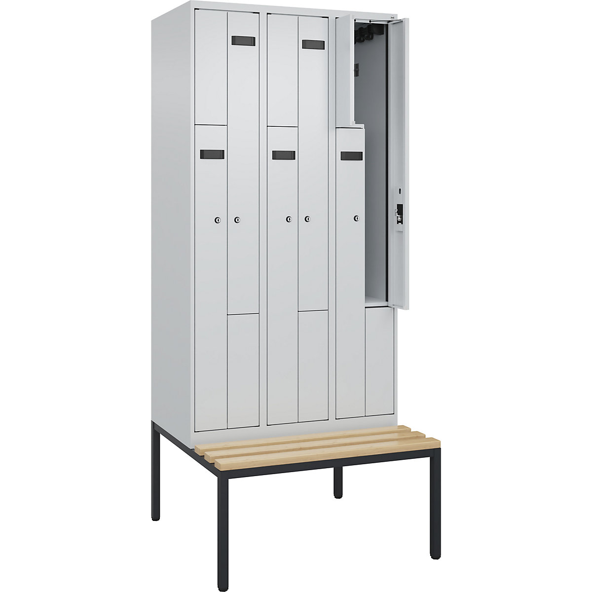 Armadietto a Z con panca Evolo PLUS, 3 scomparti, grigio chiaro / grigio chiaro, largh. 900 mm, serratura a cilindro, con panca integrata, faggio-0