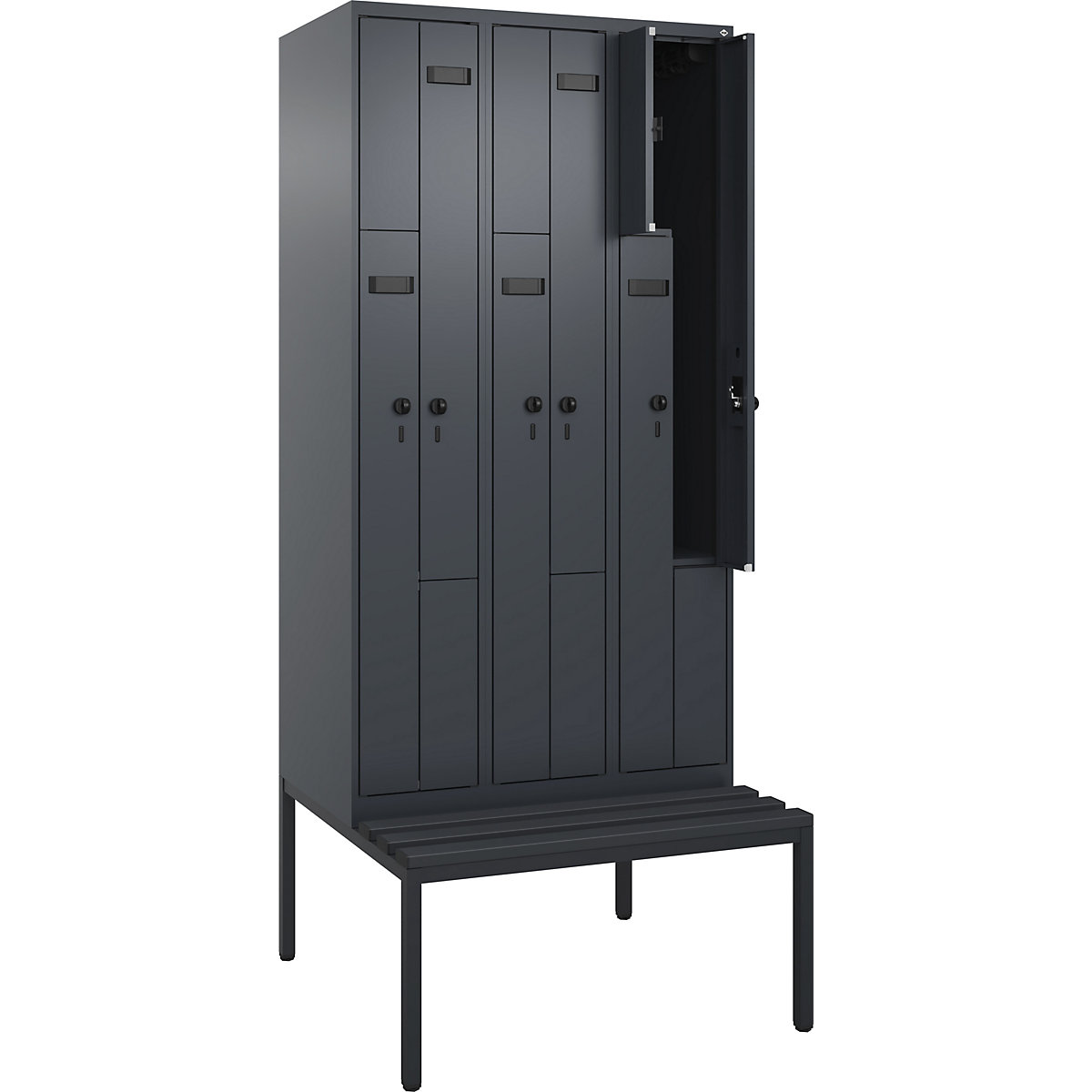 Armadietto a Z con panca Evolo PLUS, 3 scomparti, grigio, largh. 900 mm, serratura girevole di sicurezza, con panca integrata, plastica-0