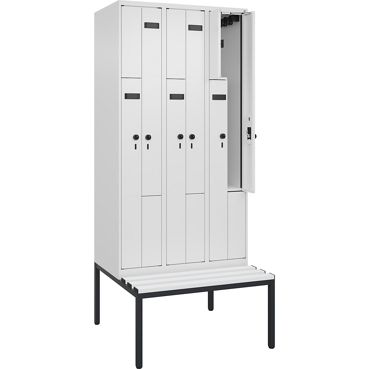 Armadietto a Z con panca Evolo PLUS, 3 scomparti, bianco, largh. 900 mm, serratura girevole di sicurezza, con panca integrata, plastica-0
