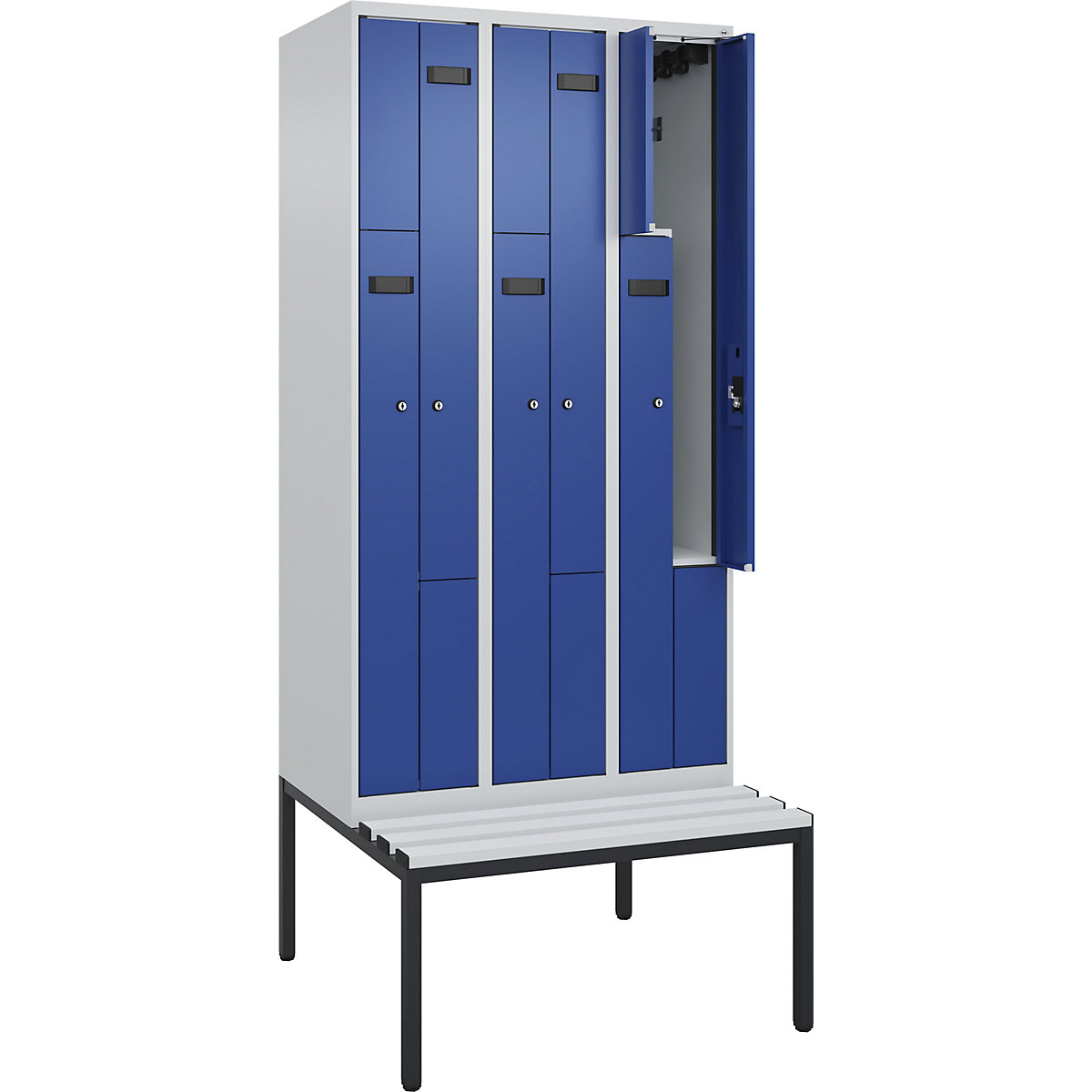 Armadietto a Z con panca Evolo PLUS, 3 scomparti, grigio chiaro / blu genziana, largh. 900 mm, serratura a cilindro, con panca integrata, plastica-0