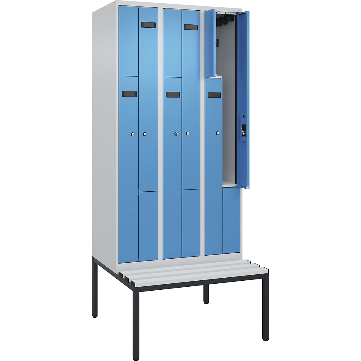 Armadietto a Z con panca Evolo PLUS, 3 scomparti, grigio chiaro / blu chiaro, largh. 900 mm, serratura a cilindro, con panca integrata, plastica-0