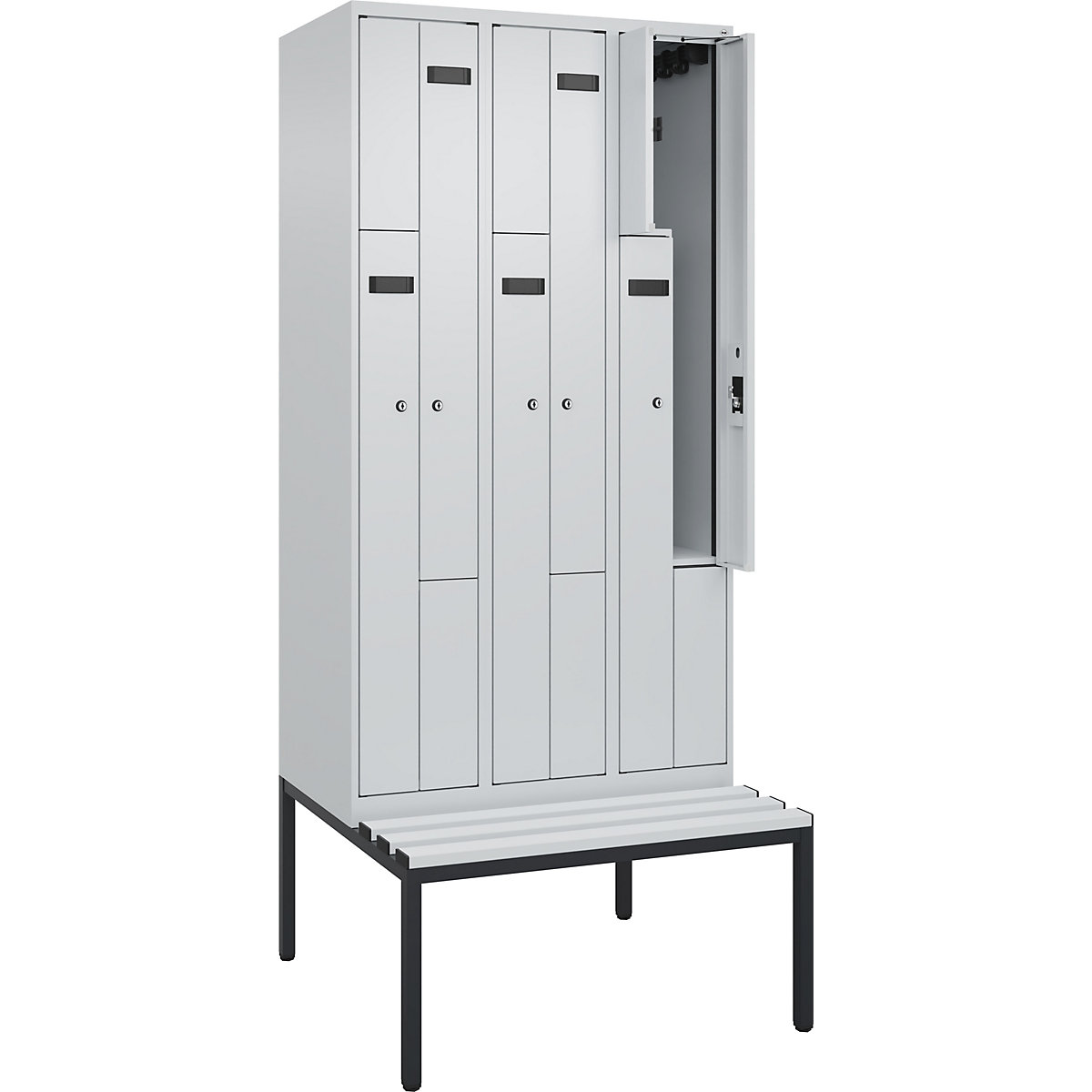Armadietto a Z con panca Evolo PLUS, 3 scomparti, grigio chiaro / grigio chiaro, largh. 900 mm, serratura a cilindro, con panca integrata, plastica-0