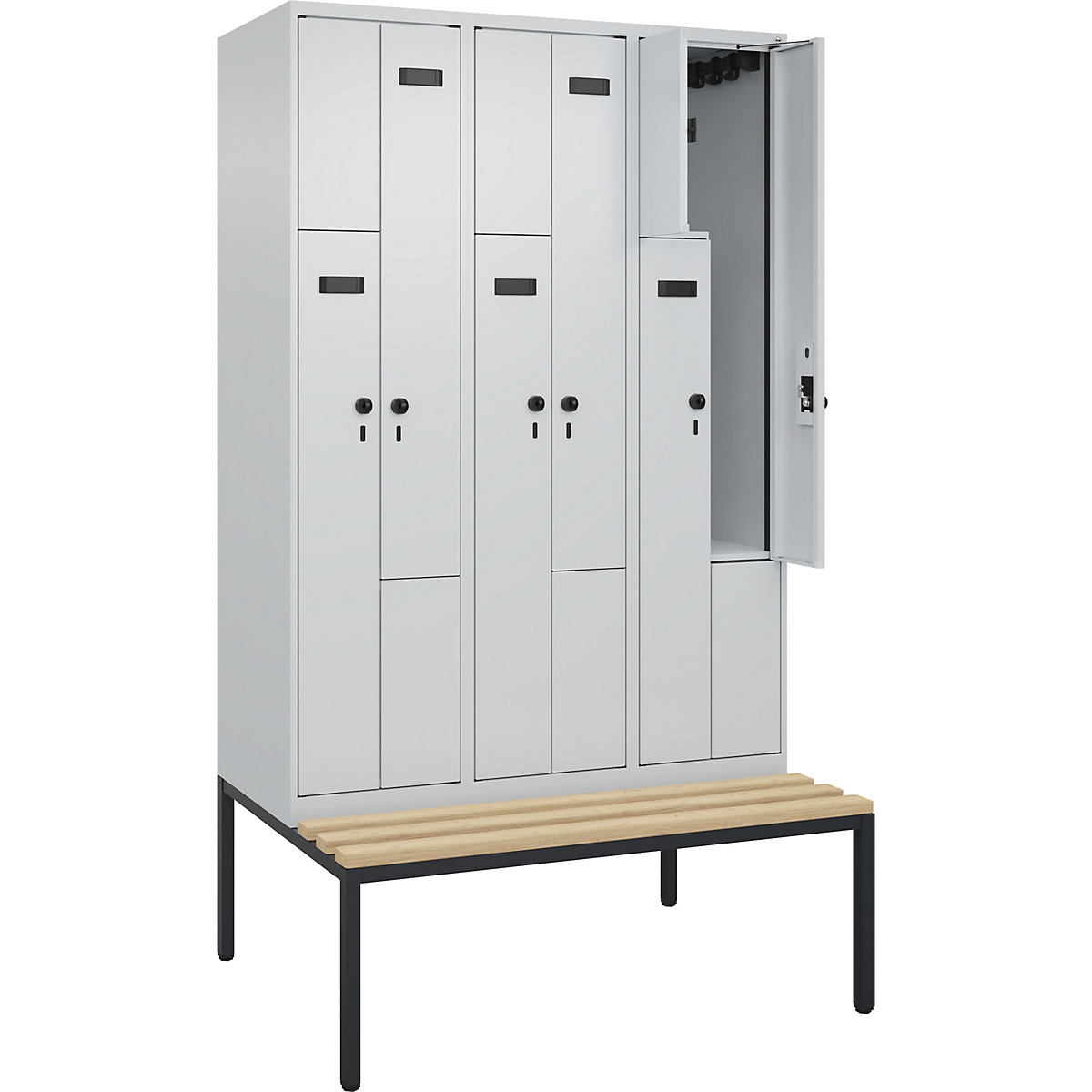 Armadietto a Z con panca Evolo PLUS, 3 scomparti, grigio chiaro / grigio chiaro, largh. 1200 mm, serratura girevole di sicurezza, con panca integrata, faggio-0