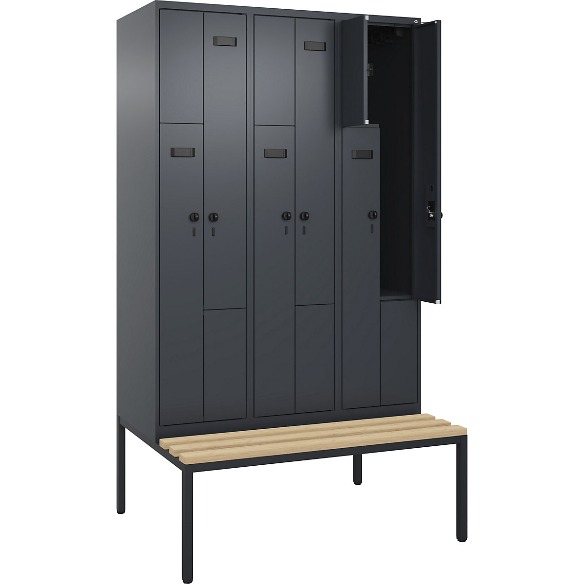 Armadietto a Z con panca Evolo PLUS, 3 scomparti, grigio, largh. 1200 mm, serratura girevole di sicurezza, con panca integrata, faggio-0