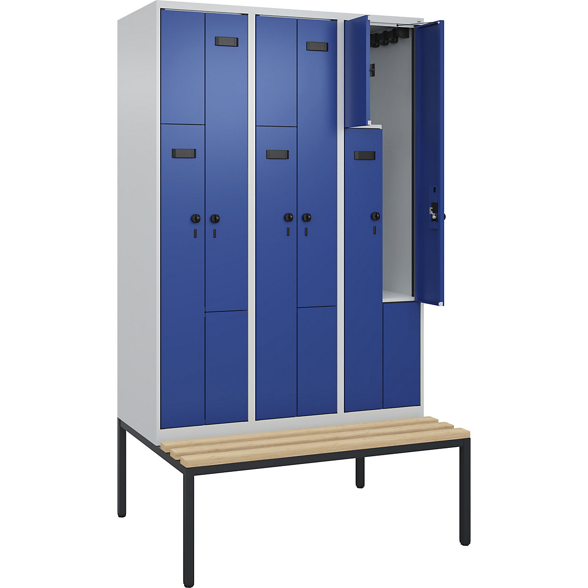 Armadietto a Z con panca Evolo PLUS, 3 scomparti, grigio chiaro / blu genziana, largh. 1200 mm, serratura girevole di sicurezza, con panca integrata, faggio-0