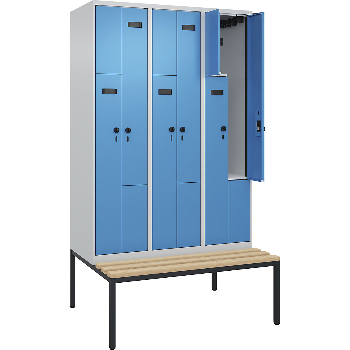 Armadietto a Z con panca Evolo PLUS, 3 scomparti, grigio chiaro / blu chiaro, largh. 1200 mm, serratura girevole di sicurezza, con panca integrata, faggio-0