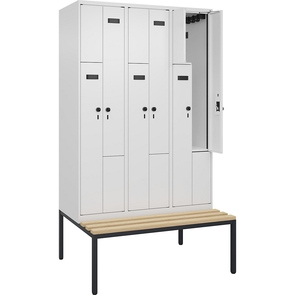 Armadietto a Z con panca Evolo PLUS, 3 scomparti, bianco, largh. 1200 mm, serratura girevole di sicurezza, con panca integrata, faggio-0