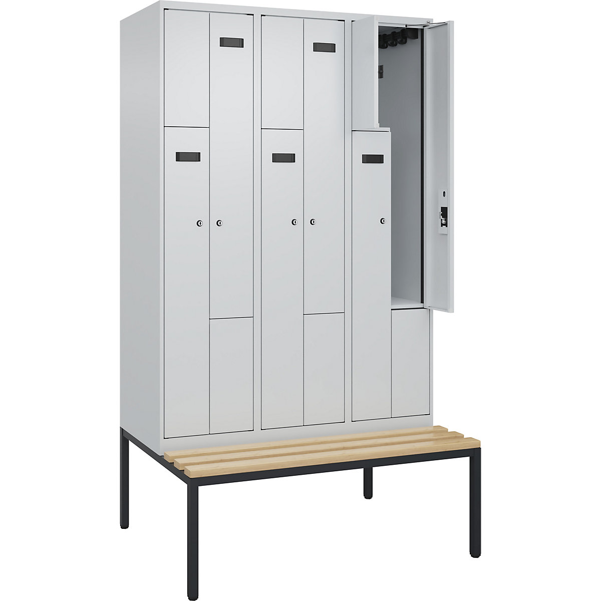 Armadietto a Z con panca Evolo PLUS, 3 scomparti, grigio chiaro / grigio chiaro, largh. 1200 mm, serratura a cilindro, con panca integrata, faggio-0