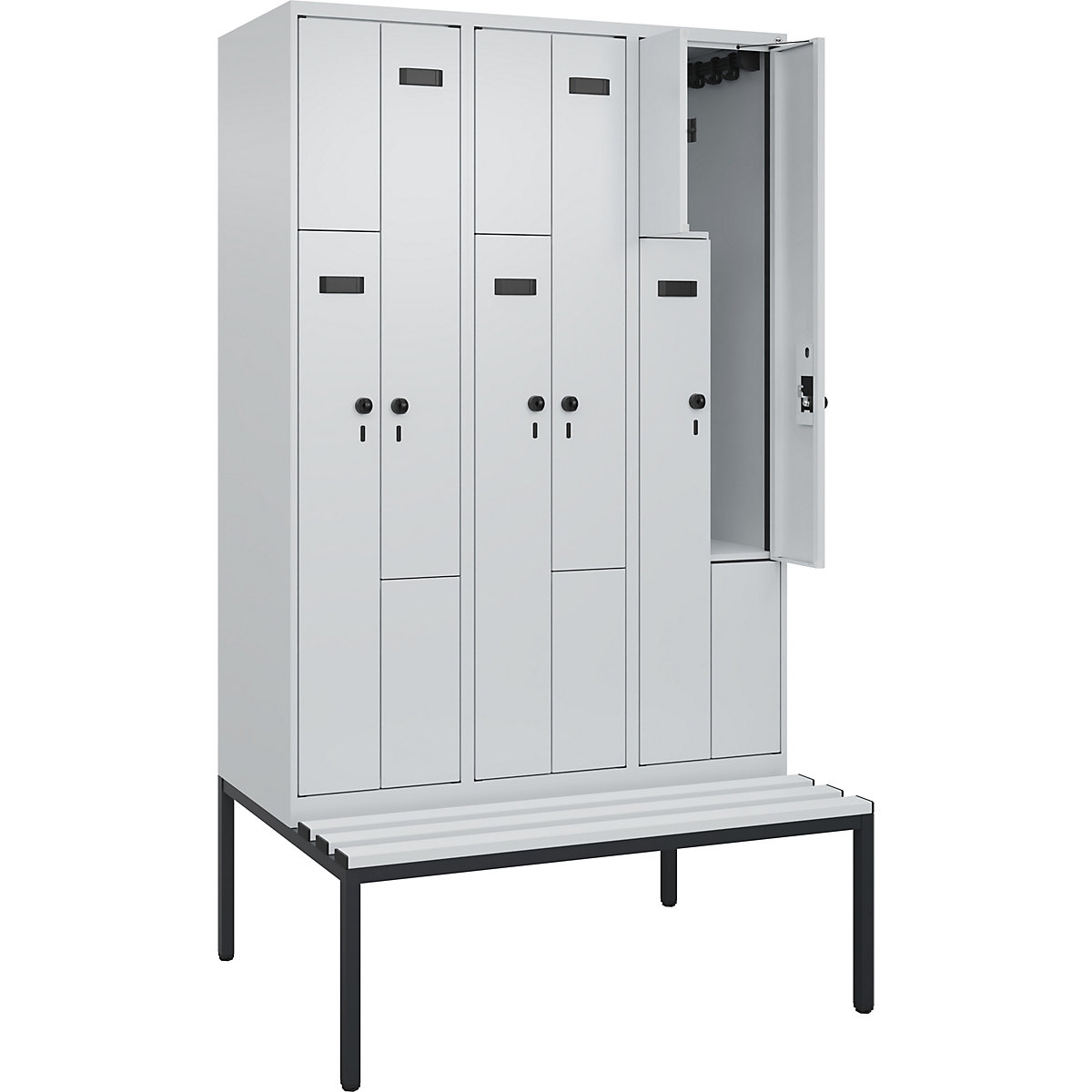 Armadietto a Z con panca Evolo PLUS, 3 scomparti, grigio chiaro / grigio chiaro, largh. 1200 mm, serratura girevole di sicurezza, con panca integrata, plastica-0